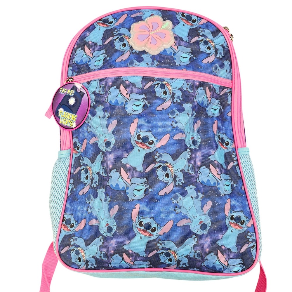 Disney Stitch Backpack Kids Flashing Lights Flower Applique Front Pocket